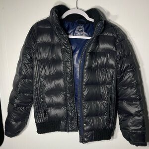 Navy blue American Eagle jacket with hood.